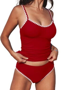 NWT Cupshe 2 Piece Red Tankini Swimsuit w/ White Shell Stitching / XL
